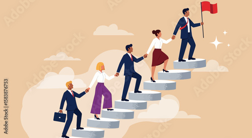 Climbing Steps to Success Team Leadership and Career Progression Illustration Showing People Going Up Stairs Together