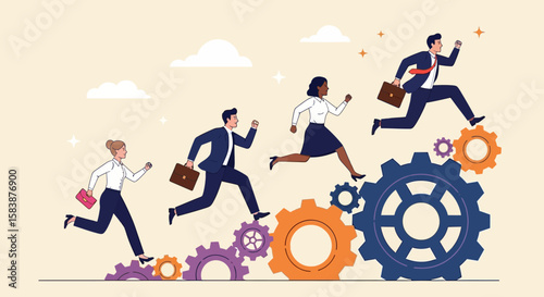 People Running Up Gears A Visual Representation of Career Growth and Success