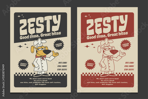 retro cartoon dog chef mascot poster with playful text, vector illustration