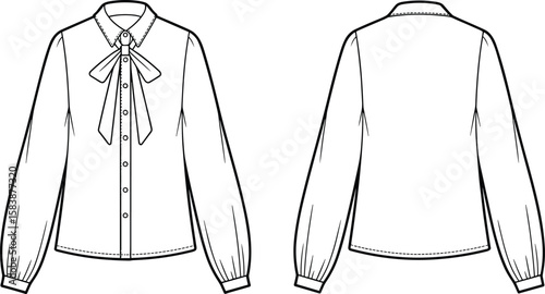 : Elegant women's blouse, bow tie detail, front and back view, fashion illustration, button-down design, long sleeves, stylish garment, apparel sketch