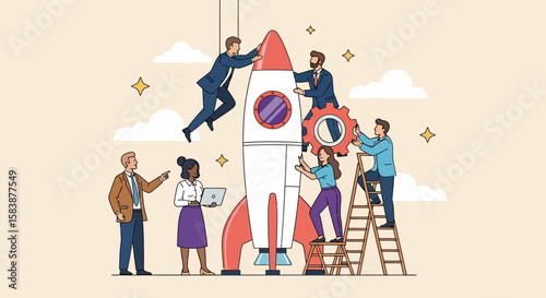 Team Launching Startup Rocket Collaborative Effort for Business Growth and Innovation, Achieving Goals with Synergy and Shared Vision.