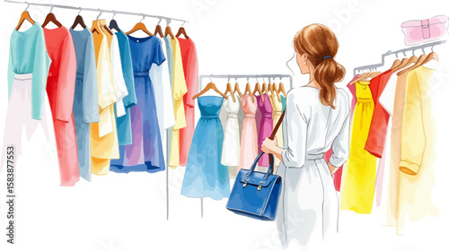 A young girl buys clothes in a store watercolor vector illustration.