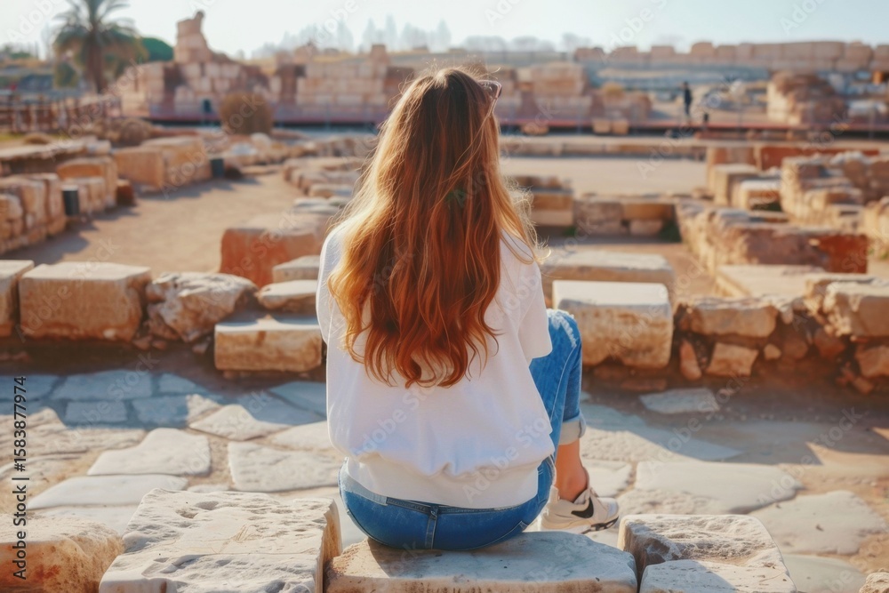 Fototapeta premium Woman seated on stones at ancient ruins captures the beauty of historical architecture during the morning sunlight