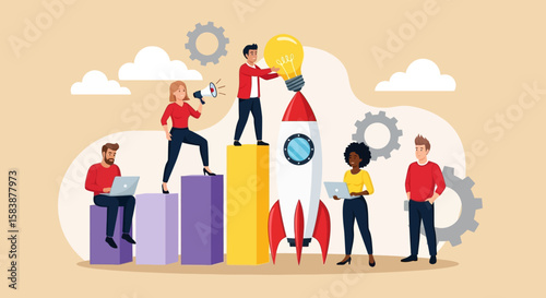 Team Launching Innovative Idea A collaborative team launches a rocket with a light bulb, symbolizing creativity, teamwork, and successful business launch.