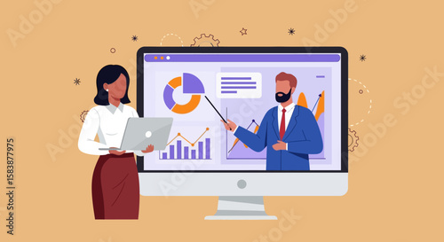 Collaborative Business Analysis A presentation featuring data charts, graphs, and insights shared between colleagues.