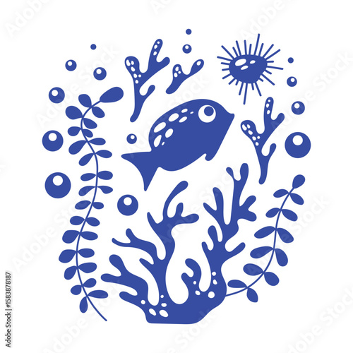 Blue silhouettes of sea inhabitants and algae with bubbles under water in simple style. Underwater world. Monochrome picture stamp with sea fish and jellyfish. Vector for stickers, textiles, postcards