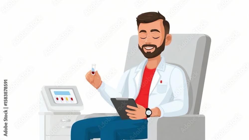 Doctor showing blood sample while sitting next to medical equipment Doctor showing blood sample while sitting next to medical equipment