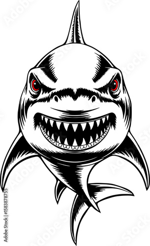 Aggressive Cartoon Shark Vector Illustration with Red Eyes and Sharp Teeth – Angry Sea Predator Clipart for Sports Mascots, Tattoos, Stickers and T-shirt Designs on transparent Background