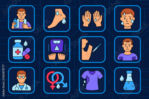 Hyperhidrosis set icon. Sweaty man, feet, hands, wet face, medication, scale, underarm injection, shaking hands, doctor visit, gender difference, soaked shirt, liquid sample.