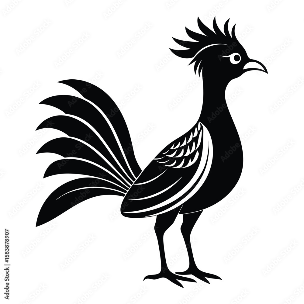 Naklejka premium Stylized Black Silhouette Illustration of a Standing Roadrunner with Crest, Long Neck, and Feathered Tail on a White Background