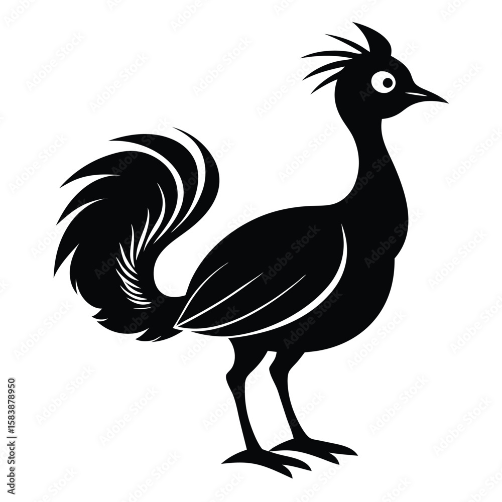 Fototapeta premium Stylized Black Silhouette of a Junglefowl Resembling a Rooster with Elaborate Tail Feathers and Head Crest