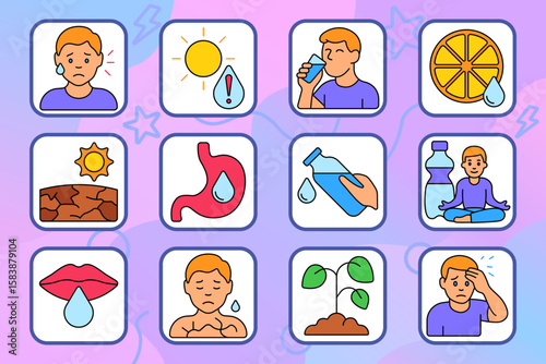 Water balance and dehydration set icon. Shows sun, drinking, warning drop, citrus, yoga, dry lips, pain face, wilting plant, dry ground, stomach fluid, head discomfort