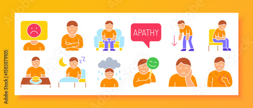 Depression and sadness set icon. Slouched poses, crossed arms, isolation, sleeping issues, appetite change, crying, apathy, fake smile, dark cloud, and general emotional distress visuals.