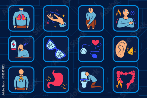 Panic attack set icon. Lung cramp, trembling hand, crouching man, body heat swing, fatigue, visual disorder, heart pressure, ringing ears, throat burn, stomach ache, vomiting, colon inflammation.