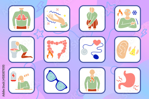 Panic symptoms set icon. Breathing tension, hand tremor, sadness, chills, vomiting, intestine pain, heartbeat test, ear ringing, low energy, dizziness, chest burn, stomach.