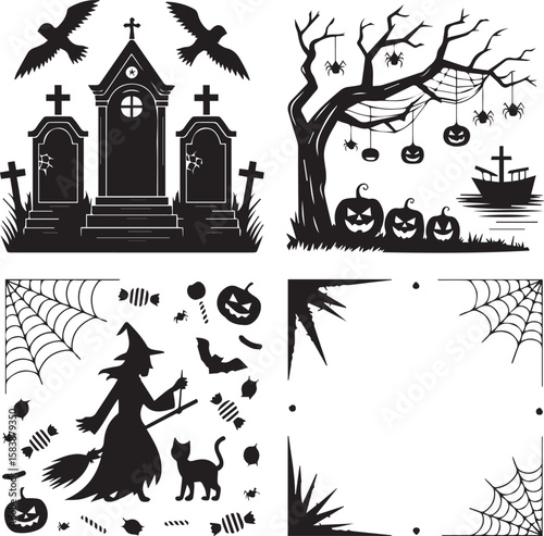 Spooky Halloween Vector Set Tombstones, Trees, Witches, and Spiders for Creepy Designs and Craft Projects.