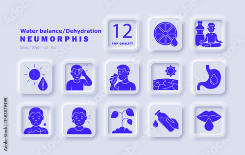 Water balance set icon. Dehydration symptoms, dry skin, sweating, thirst, heatstroke, digestion, water intake, nutrition, dry soil, lips, meditation, hydration, plants, fatigue.