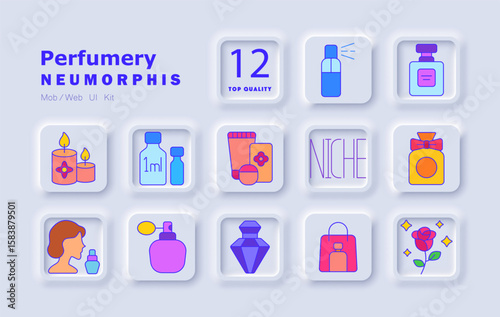 Perfumery set icon. Bottles, niche fragrance, aroma oils, woman with perfume, luxury flacons, testers, packaging, candles, floral notes, accessories, cosmetic line, elegance, scent market.