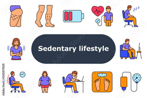 Sedentary lifestyle set icon. Cellulite, varicose veins, low energy, heart pressure, drowsiness, stomach discomfort, obesity, spine pain, scale, inactivity, screen time, sitting work, blood pressure.