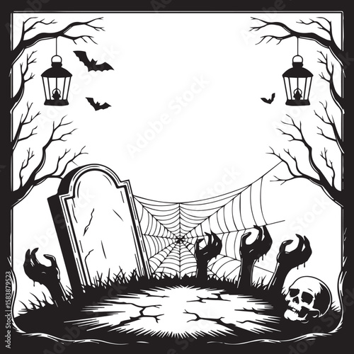 Spooky Vector Halloween Scene A Tombstone, Spiderweb, Zombie Hands, and Skull Graphic Illustration for Seasonal Designs