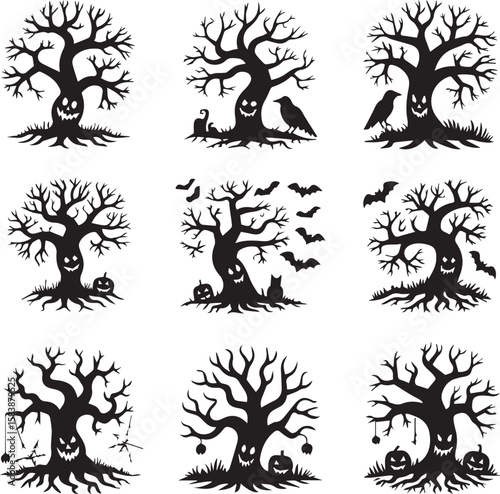 Spooky Halloween Trees Silhouettes Vector Set for Scary Holiday Decorations, Invitations, Cards, and Creepy Designs