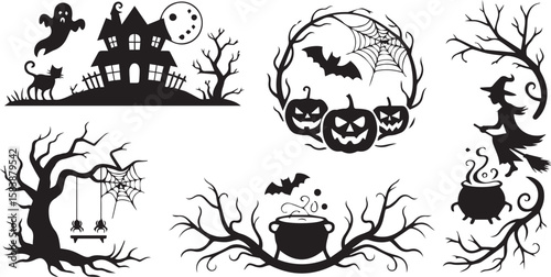 Spooky Halloween Elements Vector Set  Haunted House, Witch, Pumpkins, Ghost, and More for Seasonal Graphic Designs