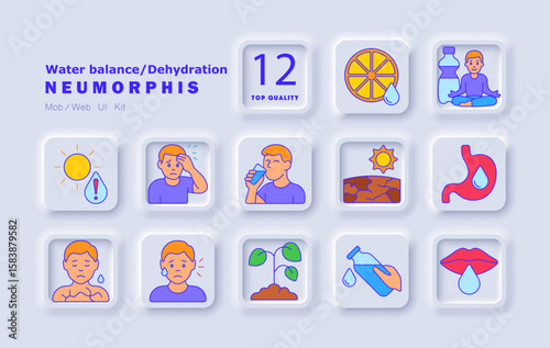 Water balance set icon. Dehydration symptoms, dry skin, sweating, thirst, heatstroke, digestion, water intake, nutrition, dry soil, lips, meditation, hydration, plants, fatigue.