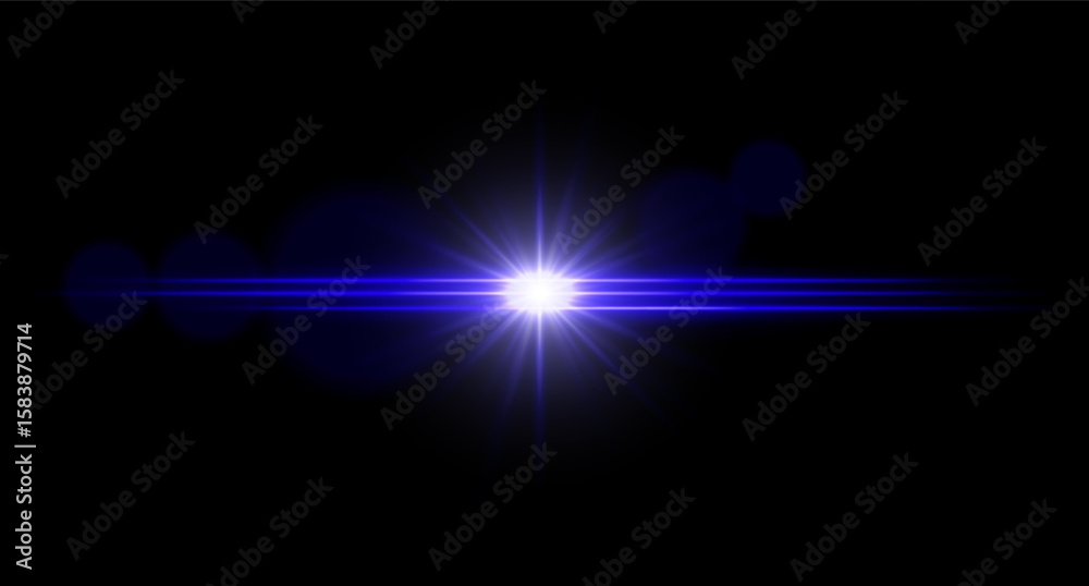 Fototapeta premium Bright light horizontal light flare with central glow and radiant starburst. Sci-fi visual effect on dark background.