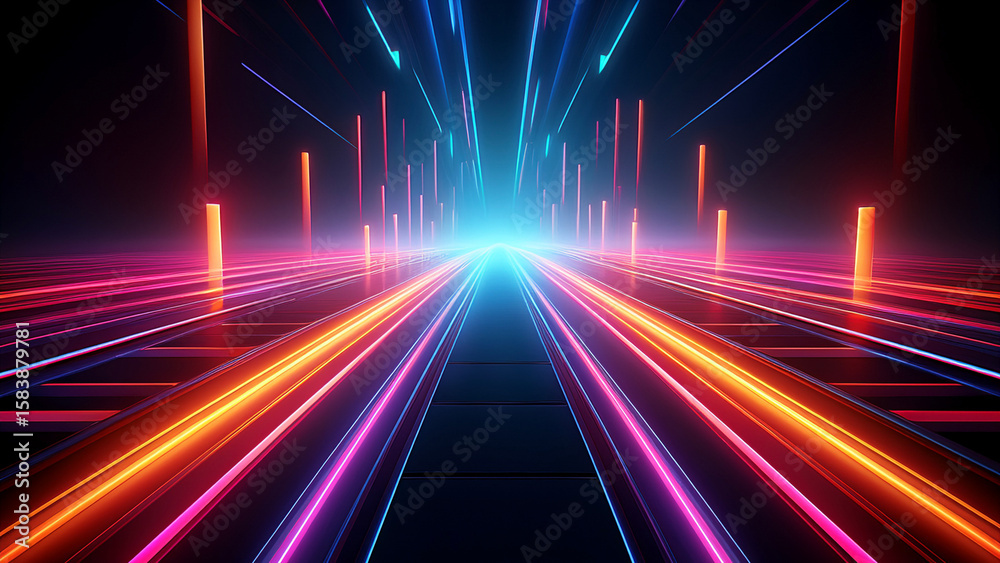 Naklejka premium Abstract tunnel of a multicolor spectrum background. Bright rays of neon light and colorful glowing lines moving speed through the dark. 3d render