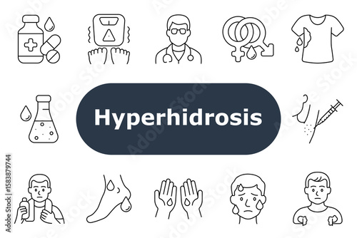 Hyperhidrosis set icon. Sweat medicine, shaking scale, doctor, hormones, wet shirt, lab beaker, injection, hydration, sweating feet, wet hands, facial sweat, armpit, anxious expression.