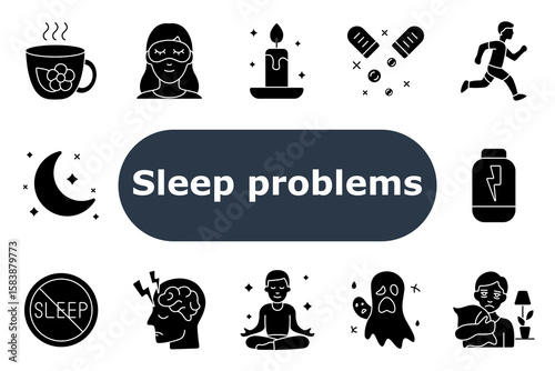 Sleep problems set icon. Herbal tea, eye mask, candle, medication, jogging, energy loss, moon, no sleep sign, brain tension, meditation, ghost fear, pillow hug, night routine, insomnia aid.