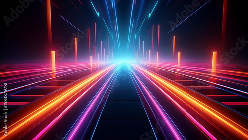Fototapeta Naklejka Na Ścianę i Meble -  Abstract tunnel of a multicolor spectrum background. Bright rays of neon light and colorful glowing lines moving speed through the dark. 3d render