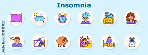 Insomnia set icon. Displays pillow, sleep mask, alarm clock, drowsy face, melatonin, caffeine mug, moon with person, sleeping at desk, counting sheep, restless sleep, bed sitting, dreamcatcher