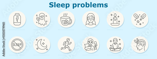 Sleep problems set icon. Depicts supplement, ghost, tea, mask, candle, pills, no sleep, moon, running, hugging pillow, meditation, brain with lightning