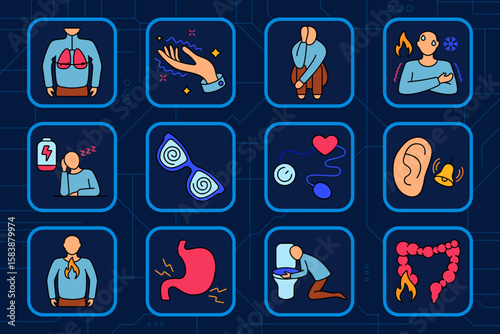 Panic symptoms set icon. Lung cramp, hand tremor, crouching, chills, fatigue, vision blur, heart check, ear ringing, throat burn, stomach pain, vomiting, intestine burn.