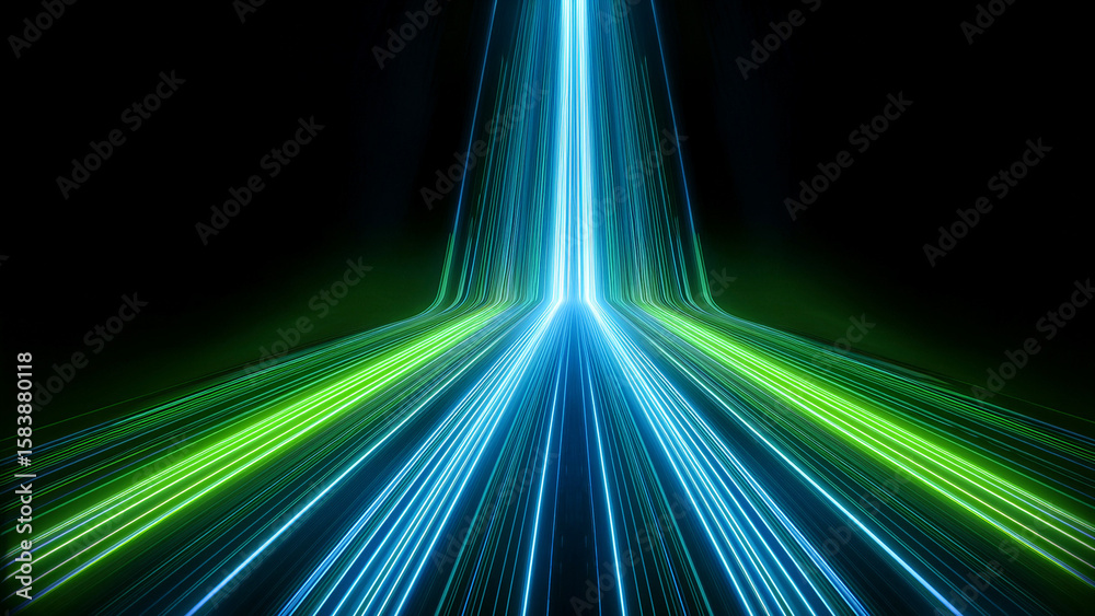 Obraz premium Abstract tunnel of a multicolor spectrum background. Bright rays of neon light and colorful glowing lines moving speed through the dark. 3d render