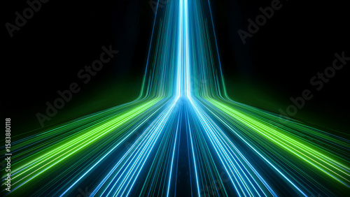 Abstract tunnel of a multicolor spectrum background. Bright rays of neon light and colorful glowing lines moving speed through the dark. 3d render