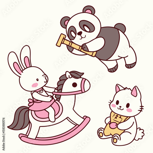 Adorable chibi animals playing with toys: bunny with a rattle, panda riding a rocking horse, cat holding a teddy bear, flat pastel vector style, thick outlines