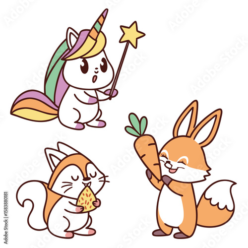 Adorable chibi-style animals set: unicorn with star wand, bunny eating a carrot, fox winking, illustrated in flat vector design with thick, clean outlines