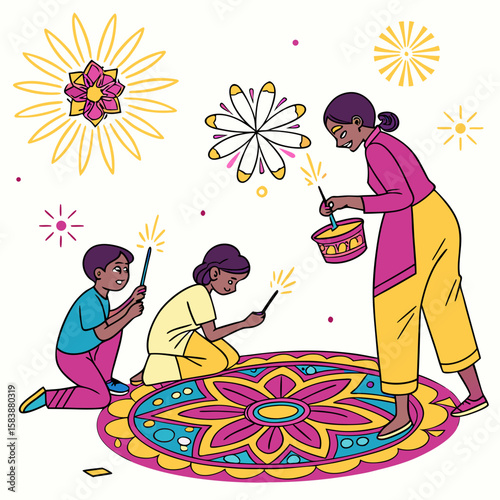 Colorful Diwali celebration scene with family lighting diyas, children playing with sparklers, and rangoli on the ground, vibrant vector style with clean lines
