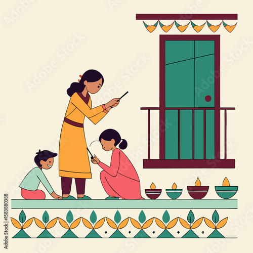 Diwali celebration at home with children lighting sparklers under adult supervision, colorful diyas lining the balcony, flat vector with a warm, happy mood