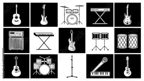 A symmetrical grid of black and white rock instrument silhouettes. Includes electric guitars, bass guitars, snare and tom drums, cymbals, mic stands, keyboards, and pedals. Each icon is distinct, usin