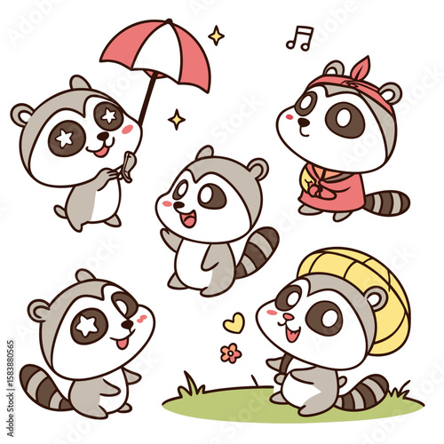 Group of six chibi animal characters sitting or jumping, with round shapes, sparkly eyes, and tiny accessories, designed in flat vector kawaii style for sticker sets