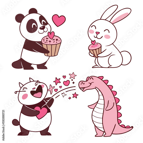 Pastel-colored cartoon animal characters—panda hugging a heart, bunny with a cupcake, dragon blowing sparkles—flat vector with joyful expressions and bold outlines