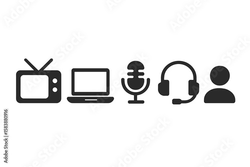 Vector illustration of a collection including microphone, radio, webcast, audio, video, and news icons in line style for podcast websites