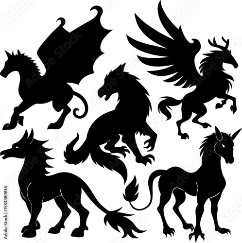 6 Mythical Animal Silhouette Vector Illustrations