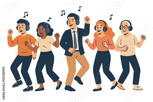 A multiethnic group of young, stylish boys and girls are depicted smiling, dancing, jumping, and walking while listening to music through headphones and earphones in a flat cartoon vector