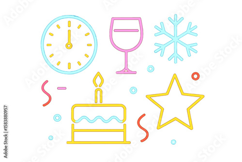 Large assortment of New Year neon signs, including Happy New Year Neon Icons Vector and Merry Christmas icons with lights design template, featuring modern trend design and night light signboard in