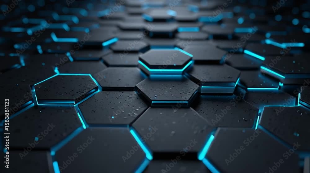 Moving hexagons illuminated in blue light. Infinitely looped animation. 3D Illustration