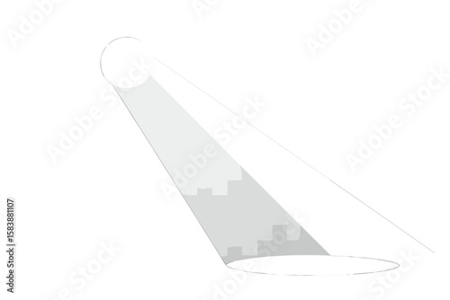A 3D rendering of an empty studio or concert scene featuring white searchlights from the top, cone lights from the bottom with darkened edges, and a volumetric spotlight effect set against a dark